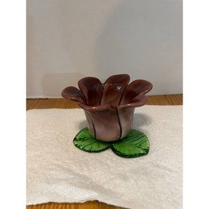 Hand Blown Art Glass Purple Flower Votive Candle Holder